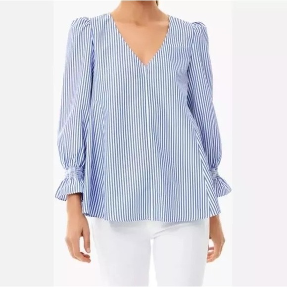 Tuckernuck Top Womens XS‎ Blue Stripe V-Neck Smocked Wrists Lightweight Nautical - Picture 2 of 15